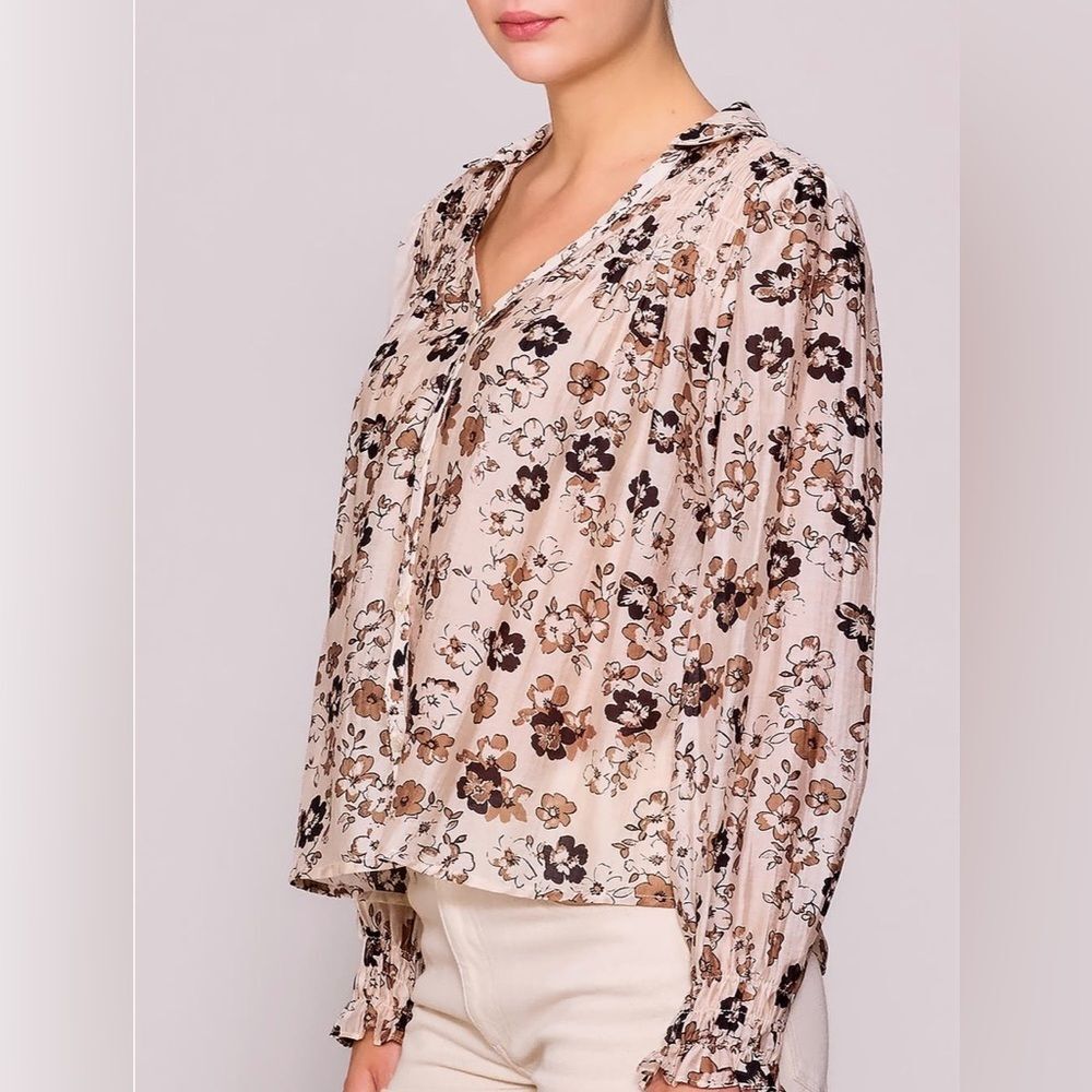 NWOT Melloday Floral Print Blouse Cream and Brown | Size XS - Picture 3 of 11
